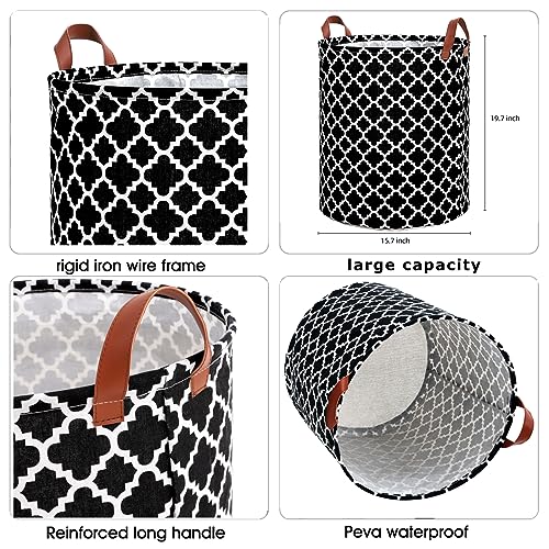 Image of MAQIAO 2 Pack Collapsible Laundry Hamper Basket, Large Tall 63L Freestanding Waterproof Clothes Basket, Round Storage Organizer with Leather Handles for Dirty Clothes, Home Storage (black DL)