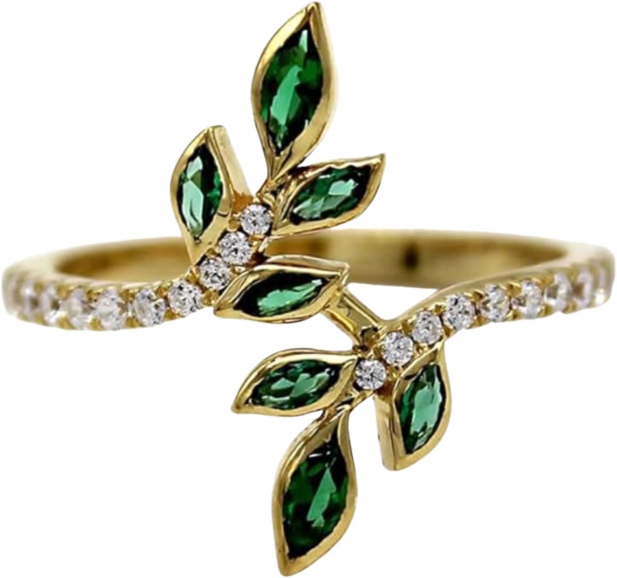 18k Gold Multi Diamond Shining Emerald Leaves Forest Olive Branch Popular Geometric Ring Small Refreshing Tender Leaf Ring CZ Women's Wedding and Engagement Ring Jewelry-Making-Patterns Size 8
