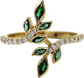 18k Gold Multi Diamond Shining Emerald Leaves Forest Olive Branch Popular Geometric Ring Small Refreshing Tender Leaf Ring CZ Women's Wedding and Engagement Ring Jewelry-Making-Patterns Size 7