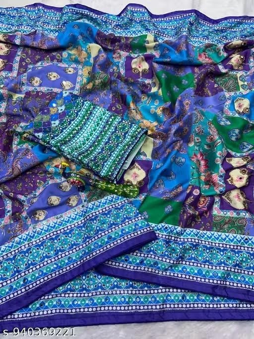 Image of Vragi Women's Multicolor Designer Soft Printed Saree with Mirror Work & Printed Blouse Piece 2