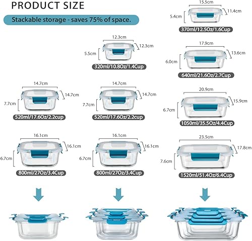 Miniatura 2 de Recipientes de vidrio para almacenamiento de alimentos con tapas herméticas, recipientes de vidrio para preparación de comidas, caja bento,