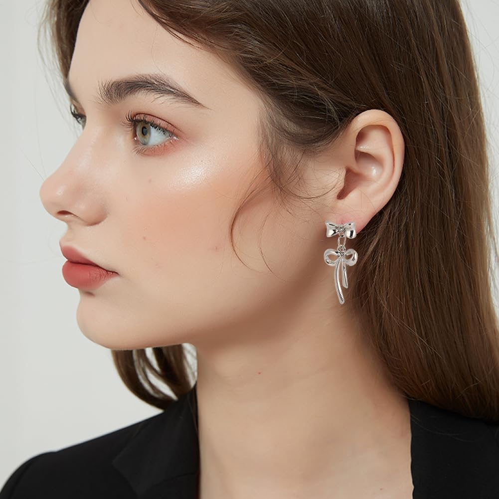 32Pcs 8 Styles Bow Earring Stud Findings Bow Earring Posts Colorful Alloy Cute Imitation Pearl Rhinestone Dangle Ear Accessories with Loop for Jewellery Making DIY Crafts Supplies Women - Image 4