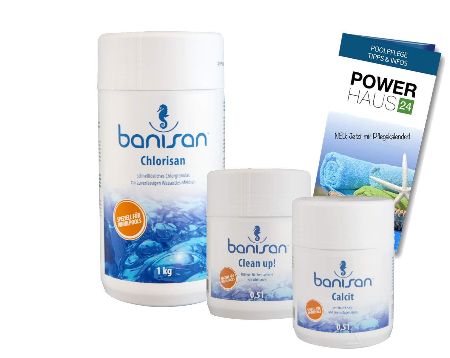 Banisan Whirlpool Pflege-Sparset 3-teilig Clean up! MAX 470 ml, Calcit 500 ml & Chlorisan 1 kg