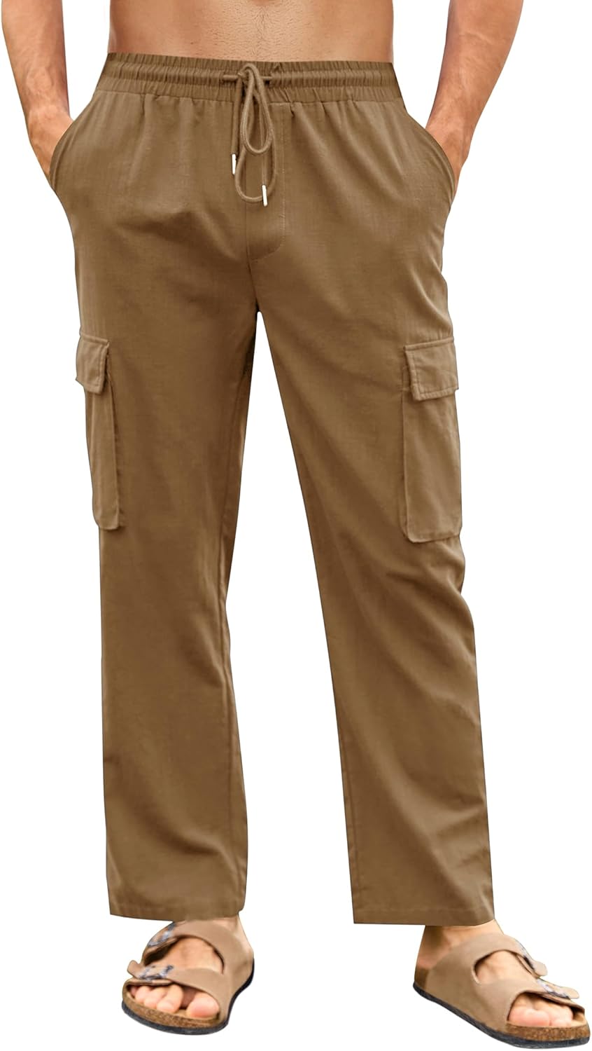 PASLTER Mens Linen Cargo Pants Lightweight Elastic Waist Drawstring Casual Loose Summer Beach Yoga Pants with Pockets