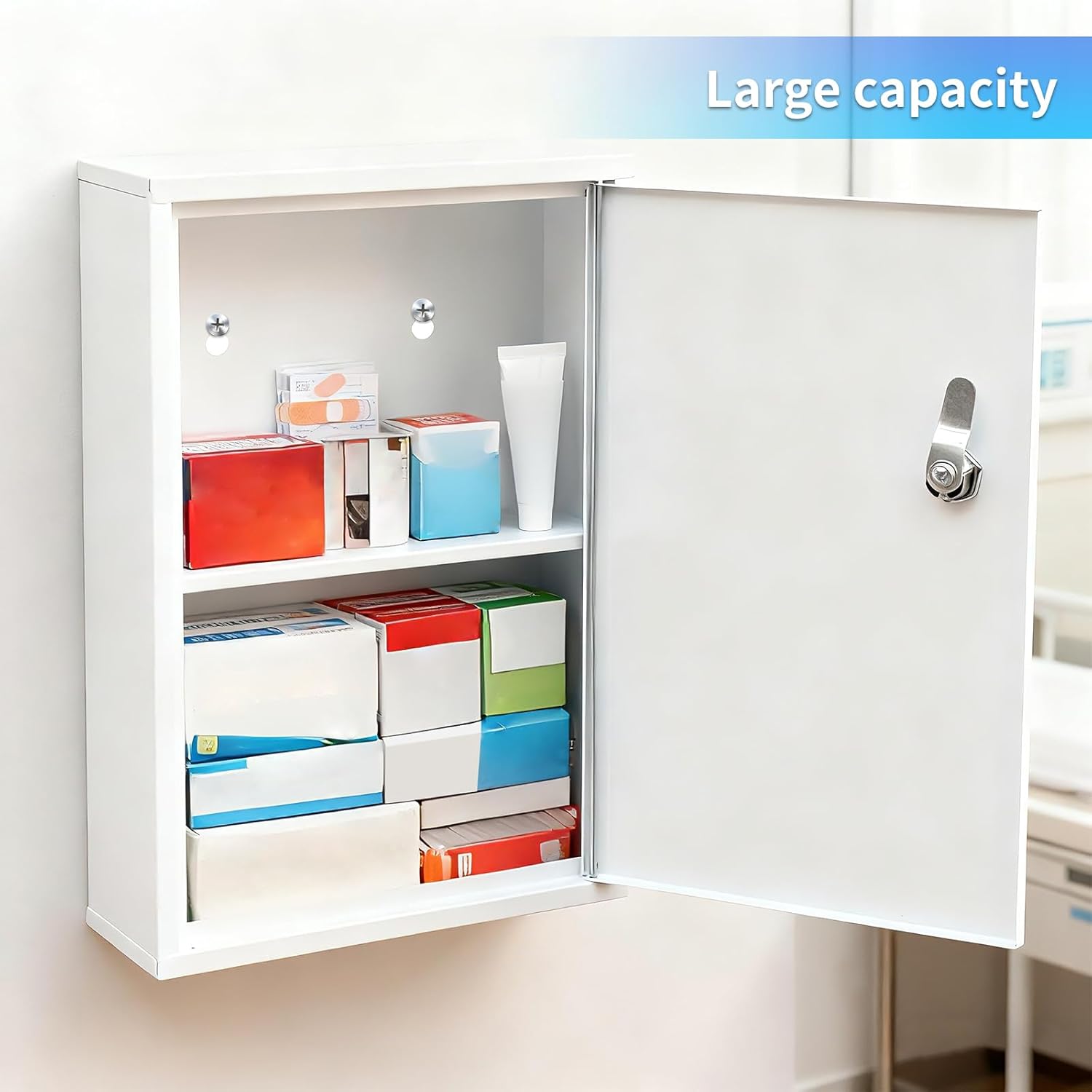 Wall Mount Locking Medicine Cabinet Organizer, Medicine Lock Box with Key, First Aid Box Empty Wall Cabinet, Secure Steel Medication Box