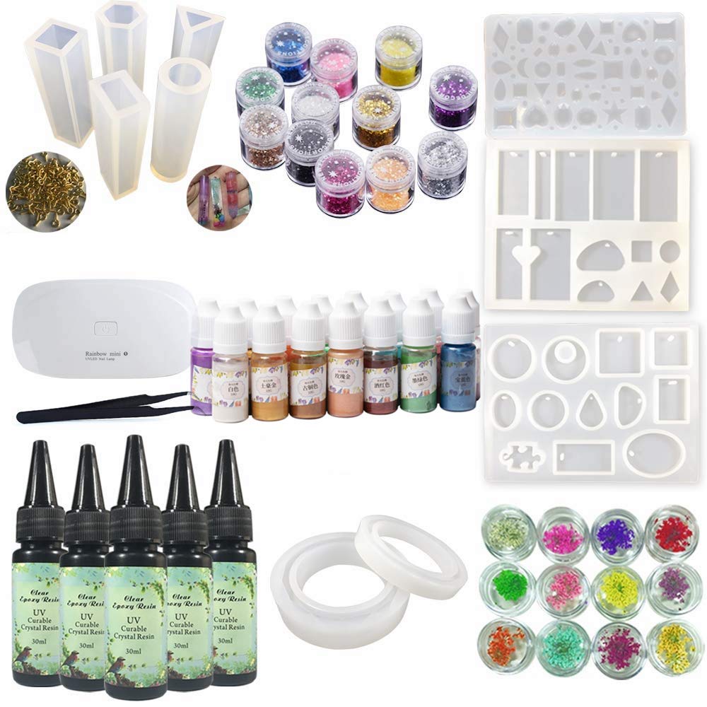 UV-Harz-Kit mit Lampenpigmentformen, 15 flüssigen Perlglanzfarben 10 Formen zur Herstellung von Schmuckanhängern Ohrringe Armbänder + Ösen + tragbare Lampe & Pinzette + Trockenblumen & Glitzer