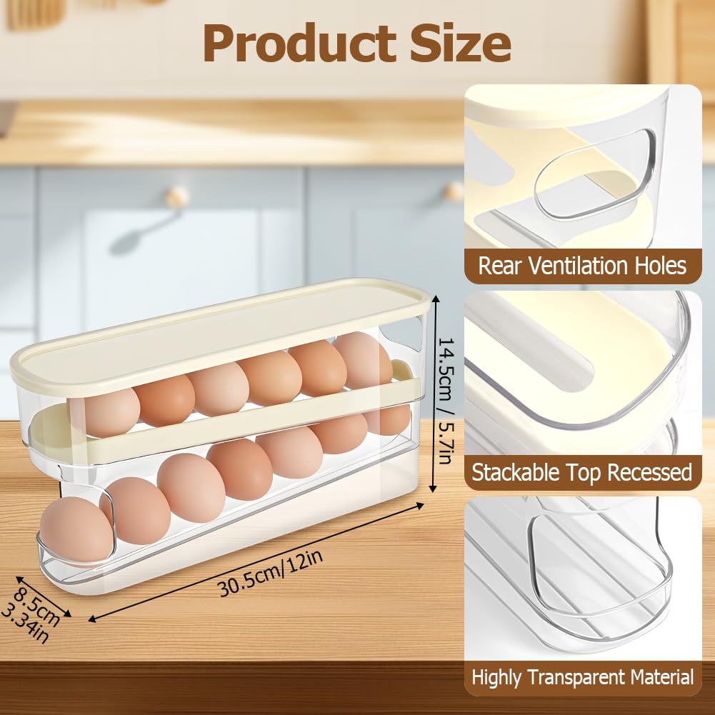 HOTUT 2 Tier Egg Holder for Fridge,Rolling Egg Dispenser Rack,Space Saving Tray,Side-door Fridge Organizer for Kitchen Refrigerator Table (Transparent white) - Image 2