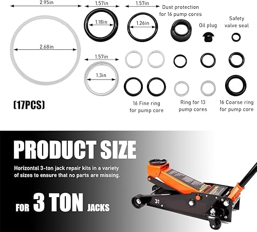 Miniatura 2 de Kit de 17 sellos para gato de piso, sello de junta tórica hidráulica horizontal de 3 toneladas con tapón de llenado de aceite, juego de reparación