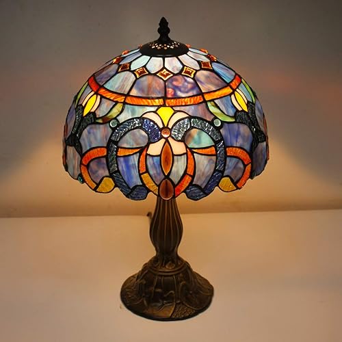 Miniatura 7 de WERFACTORY Tiffany Lámpara de mesa estilo vitral, color azul, morado, lámpara de mesa de lectura, luz de escritorio de lectura, 12 x 12 x 18