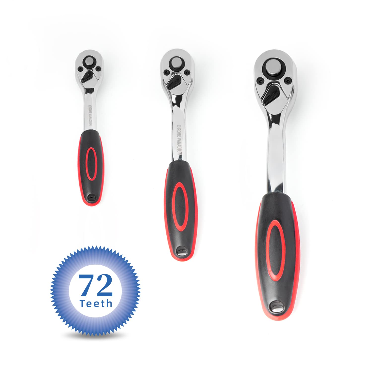ICOOL 3pcs 1/4" 3/8" 1/2" Ratchet Wrench Set, 72-Tooth Reversible Quick-Release Drive Socket Wrench, CR-V Ratchet Set