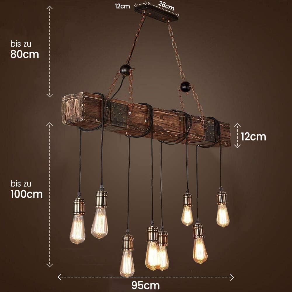 Pendelleuchte Holz Retro Deckenleuchte Vintage Hängelampe | Industrial Schwarz Pendellampe Metall Höhenverstellbar Kronleuchter Wohnzimmer Hängeleuchte Esstisch Küchenlampe (8-flame)