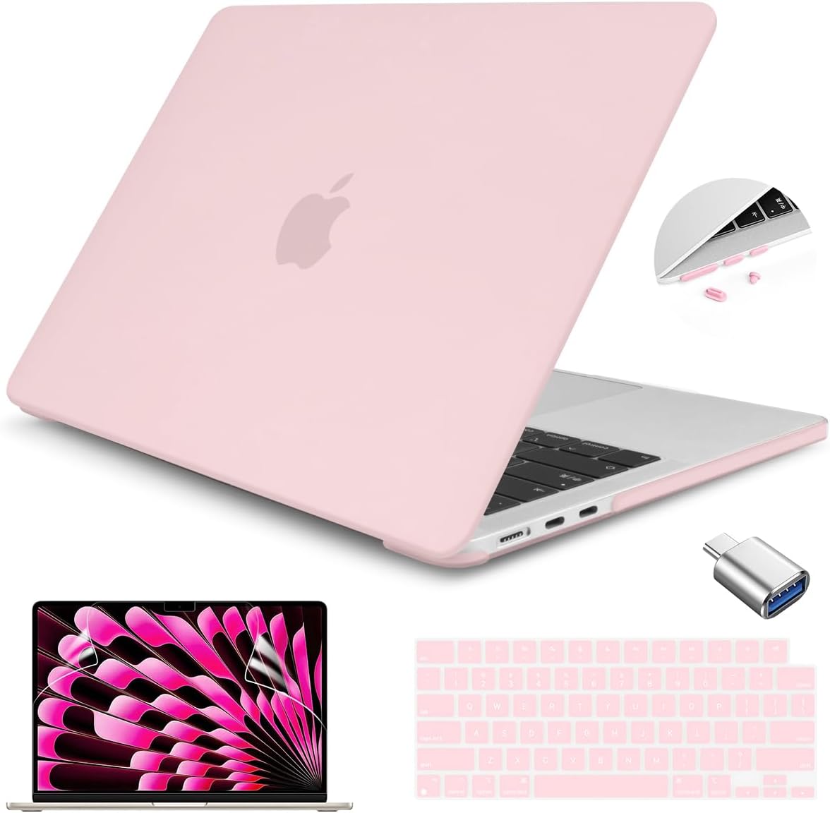 Teryeefi Compatible with M3 MacBook Air 15 inch Case A2941 A3114 [2023 2024 Release], Plastic Hard Shell with Keyboard Cover & USB C Adapter for New MacBook Air 15.3" with Touch ID, Matte Chalk Pink