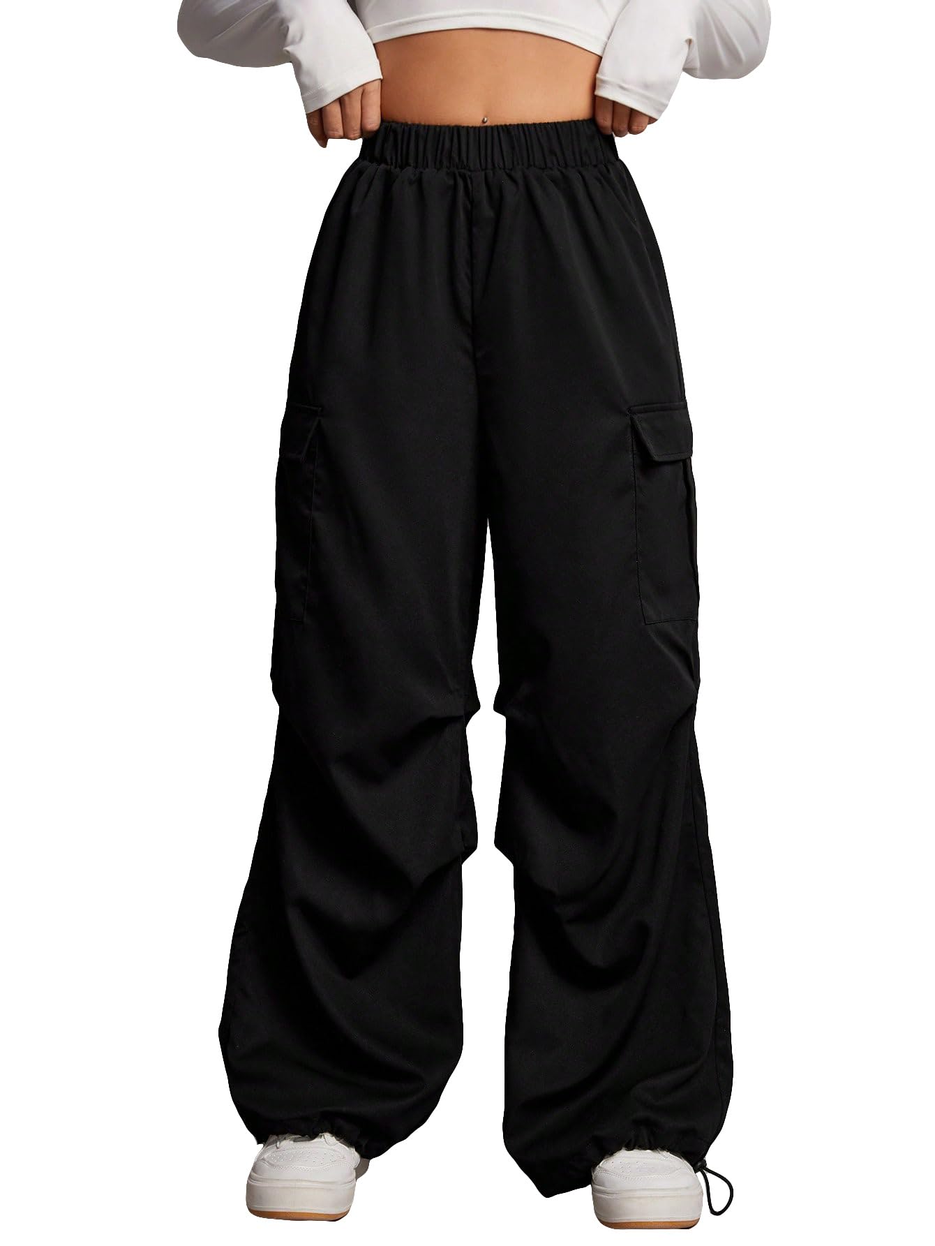 WDIRARA Womens Cargo Pants Flap Pockets Baggy Side Drawstring Adjustable Elastic High Waisted Y2k Street Cargo Pants