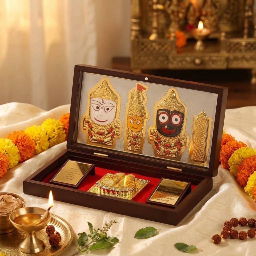 Puri Jagannath Pocket Temple for Pooja Room I Gold Plated Decorative Photo Frame & Charan Paduka | Best Gift for Family & Friends, Diwali Gift & Home Decor - 21.3 cm