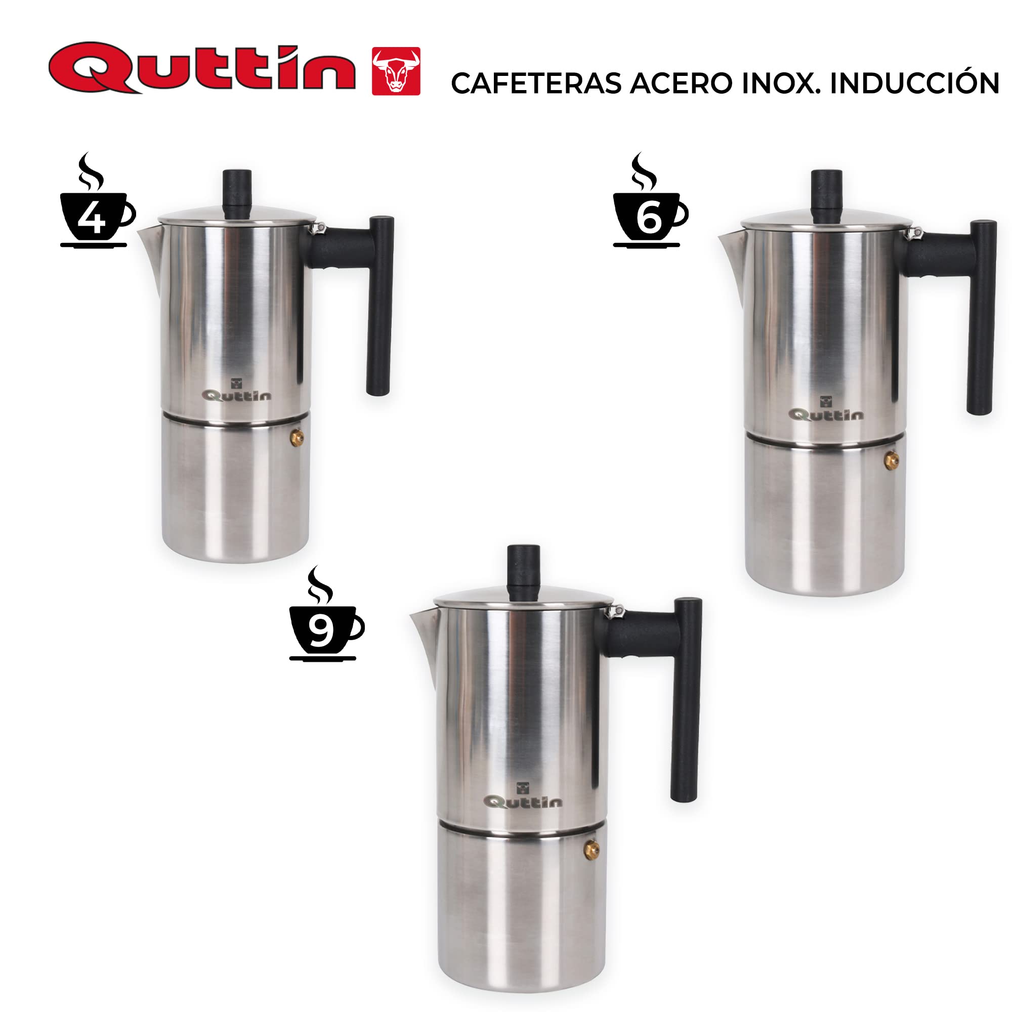 Caffettiera Italiana Quttin 104809 Darkblack Per Induzione - Capacità 6 Tazze, 25 Anni Di Qualità