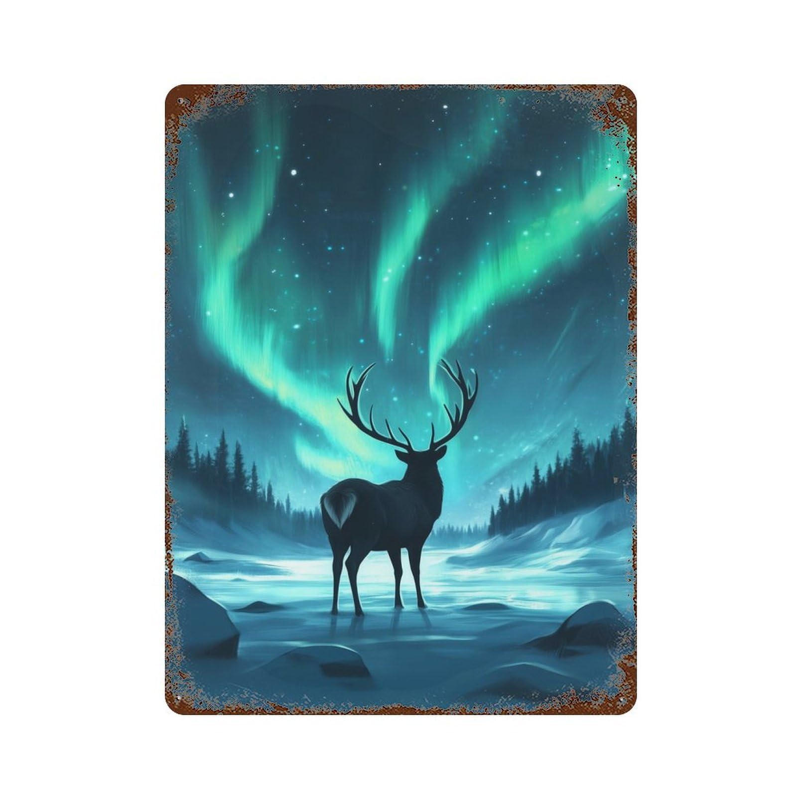 Majestic Deer Aurora Rust Effect Tin Sign 15.7"x11.8", Novelty Wall Decor for Garage, Pub Or Kitchen