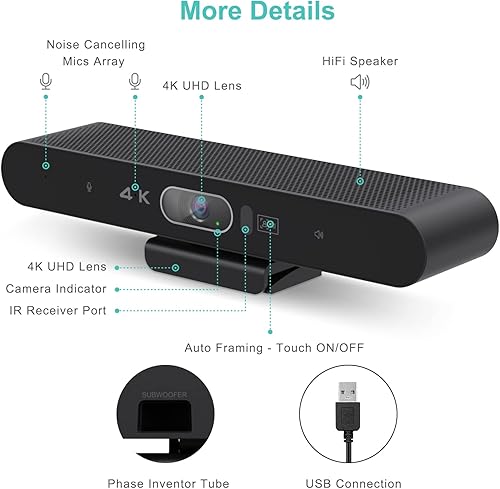 Miniatura 6 de RayBit Cámara web 4K con control remoto, encuadre automático y seguimiento de IA, sistema de cámara web de sala de videoconferencias con micrófono y