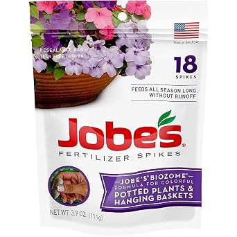 Jobes Fertilizer Spikes for Flowering Plants 8-9-12 Time Release Fertilizer for Hanging Baskets andPotted Plants, 18 Spikes per Package 2 Pack
