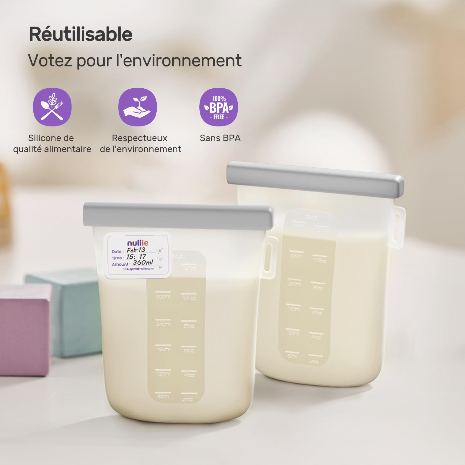 Nuliie Silicone Sachet Conservation Lait Maternelle Lot de 7, 12oz/360ml Doublement Étanches Sac Congelation Lait Maternel, Sans BPA Sacs à Lait Autoportants pour L'allaitement