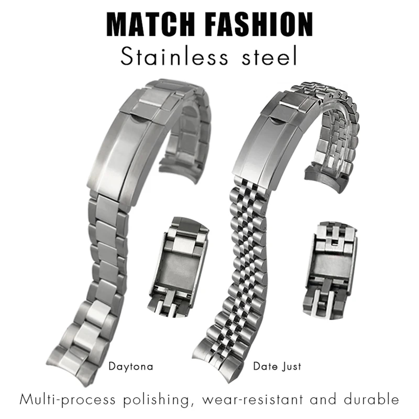 Pasek ze stali nierdzewnej 316L 20 mm do zegarka Rolex Submariner Daytona Data z przesuwanym zapięciem i solidnym srebrnym paskiem