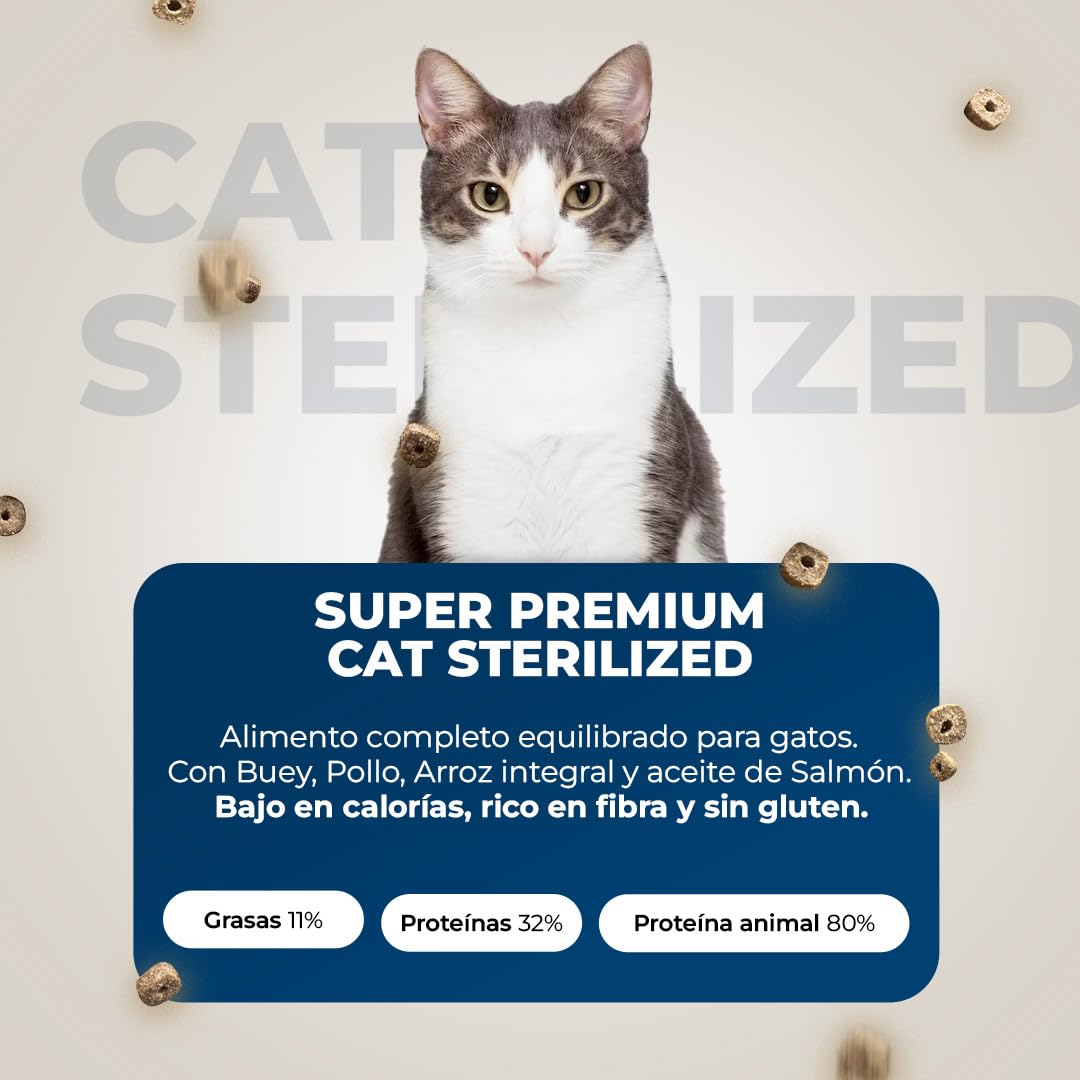 Cat Sterilized - Gatos Esterilizados - 100% Natural con - Buey, Pollo, Arroz Integral y Aceite de Salmón. Ideal para Control Peso, Gatos Sedentarios, Sobrepeso - Lobo Azul Super Premium