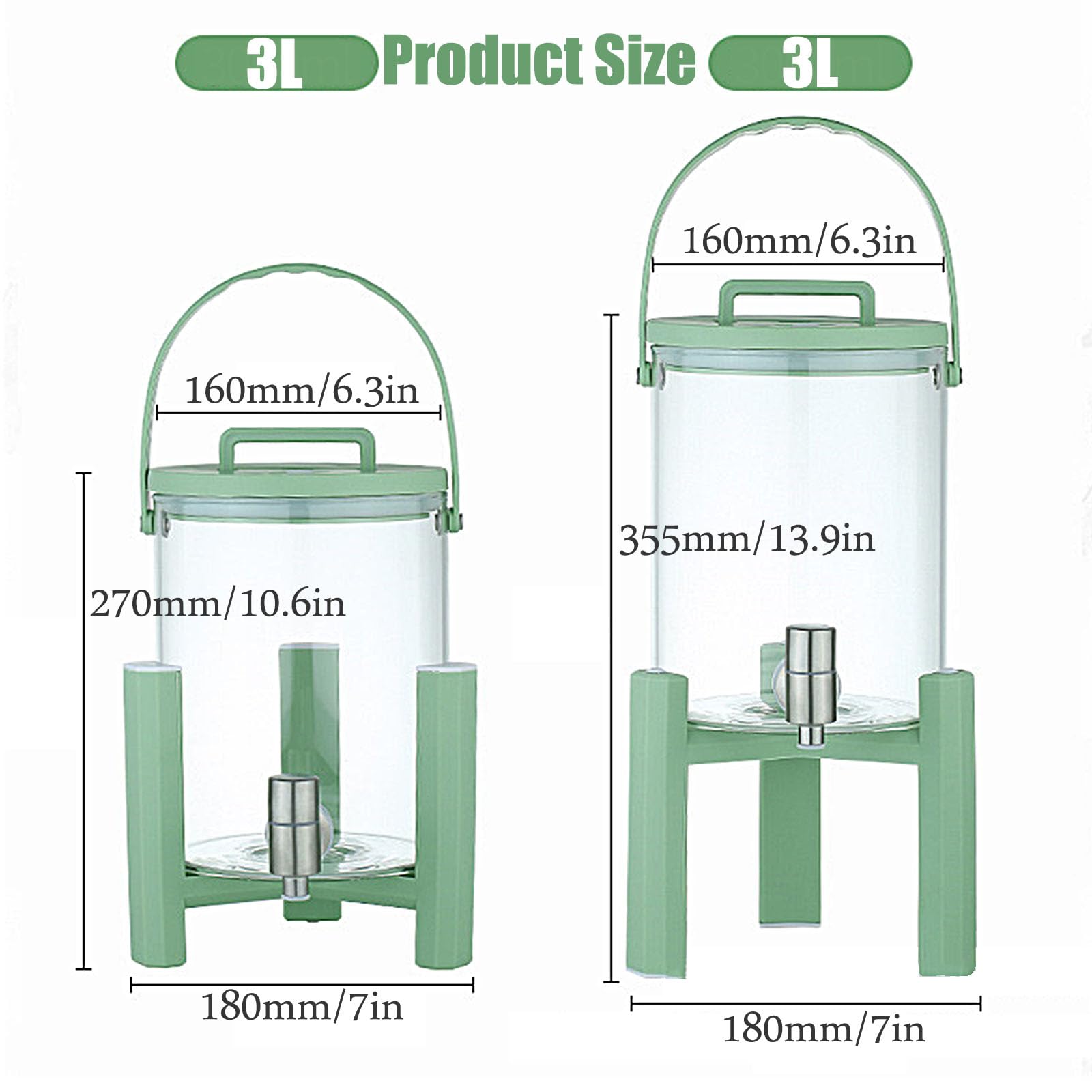 Getränkespender,Glaskaraffe Mit Zapfhahn Aus Edelstahl Und Kunststoffsockel - Getränkekaraffe Glaskrug Für Kalt & Heiß Wasser Eistee Kaffee Milch Saft,Grün,Faucet+Base