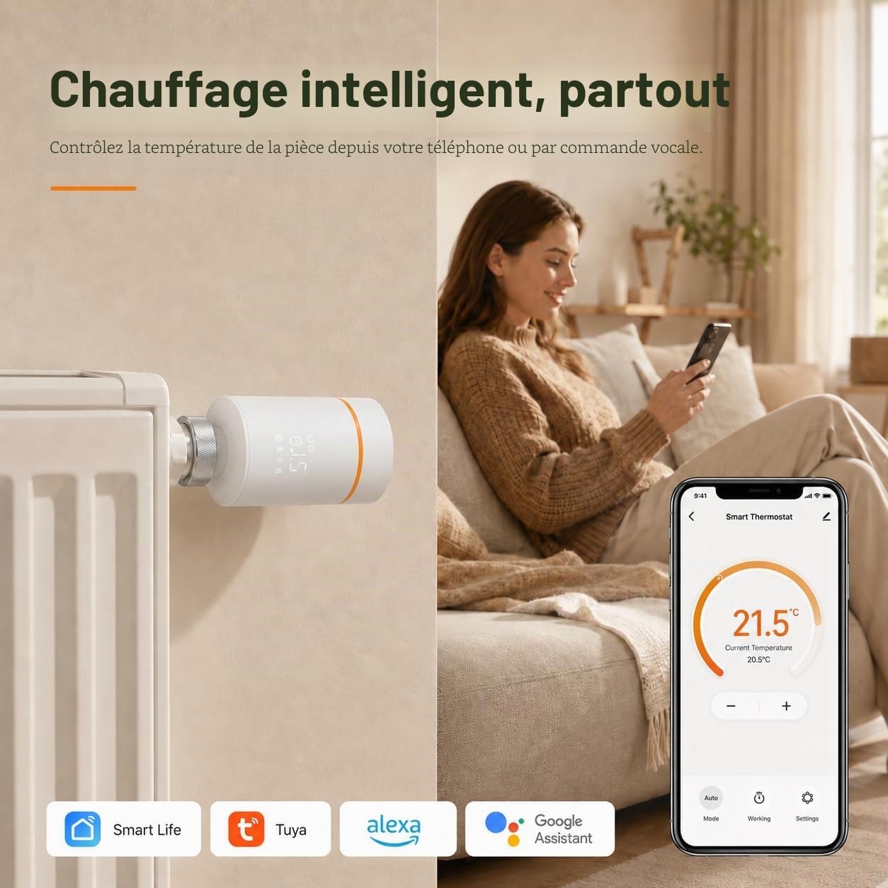 Yasorn Thermostat Wi‑FI 2,4 GHz pour Radiateur avec Molette, LED & Contrôle App, Compatible Alexa/Tuya, Installation Facile Maison & Bureau, Programmation Hebdomadaire