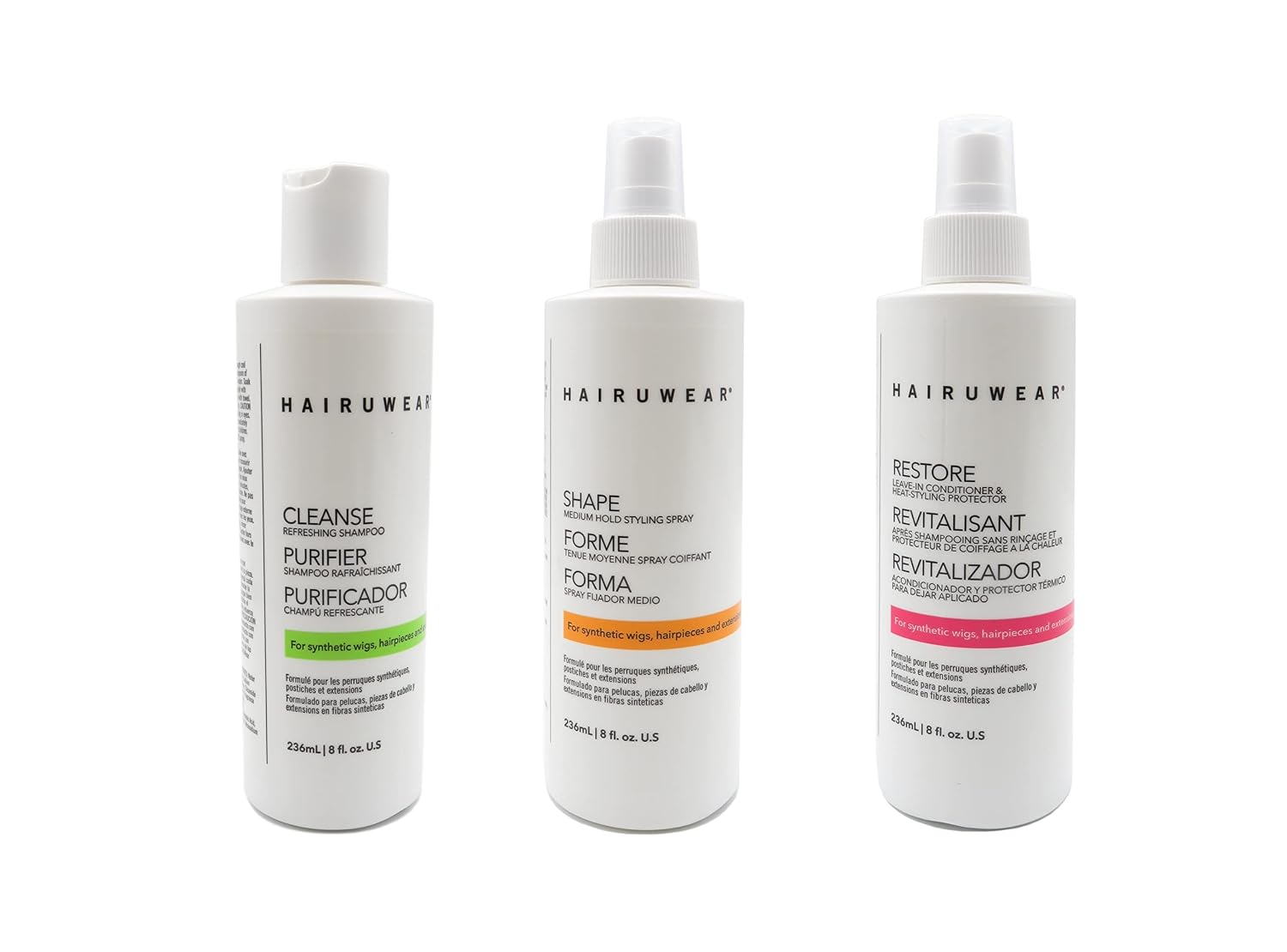 HairUWear Cleansing Shampoo, Restoring Conditioner and Styling Spray Essential Hair Care (8 Ounce