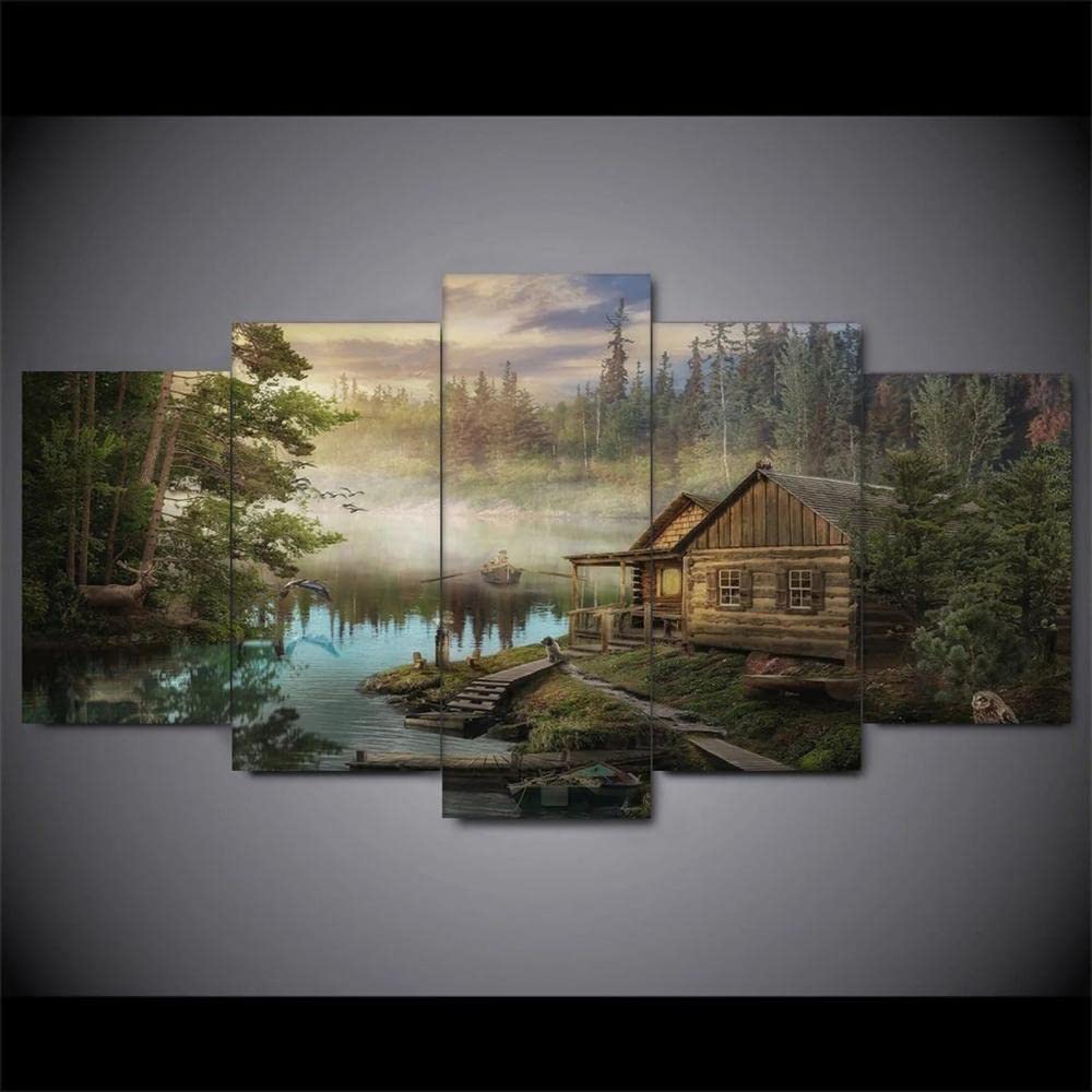 ZXAQW 5 Piece Wall Art Canvas 5 Pieces Picture 5 Panel Painting 5 Panel Canvas Art 5 Piece Canvas Art Cabin in The Woods Deer River Framed for Bedroom Living Room Bathroom Office Home Decoration