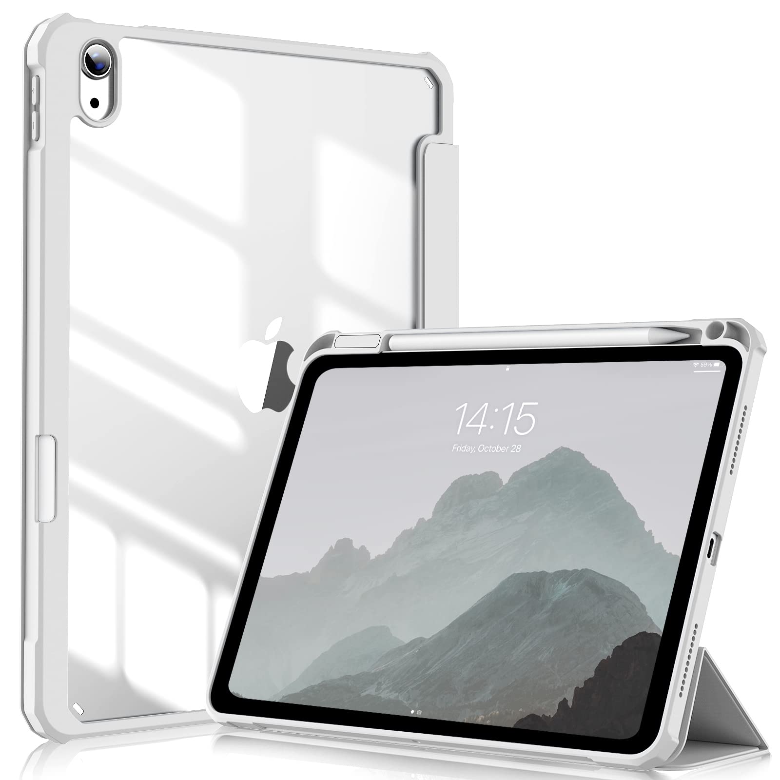 zoyuCase for iPad Air 11 Inch M3 (2025) / M2 (2024), iPad Air 5th/4th Generation 10.9 Inch (2022/2020) with Pencil Holder, Slim Stand Smart Cover with Clear Back Shell, Auto Sleep/Wake, Light Grey