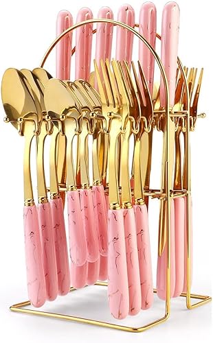 Miniatura 9 de Juego de cubiertos negros para 6 personas con organizador para colgar, cubiertos de acero inoxidable con mango de color, juego de cubiertos retro de