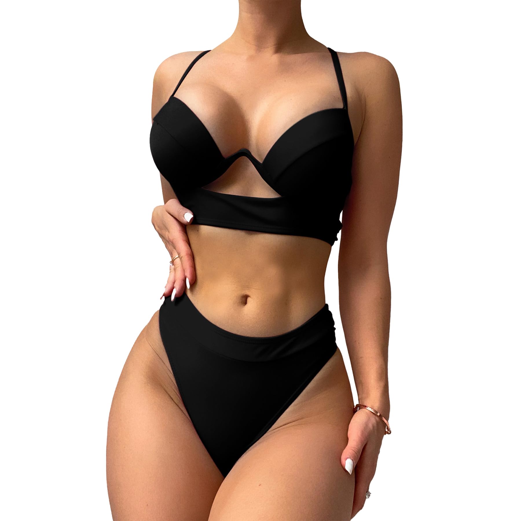 HanaoopsHigh Waisted Bikini Set for Women Push Up Padded Bikini Top Cut Out V Neck Low Rise Crisscross Back Self Tie Spaghetti Straps Swimwear Two Piece Swimsuit Bathing Suits