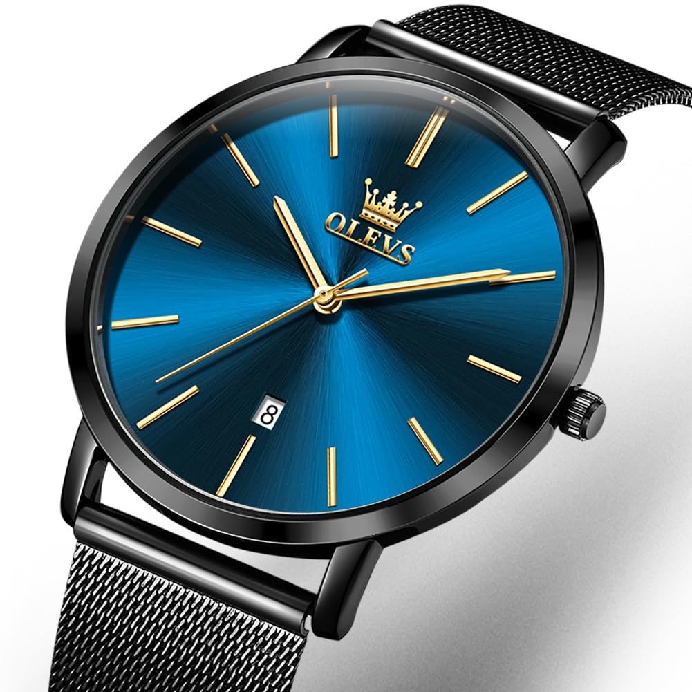 OLEVS Minimalistische Herren-Armbanduhr, ultradünn, modisch, lässig, analog, Quarz, Datum, wasserdicht, schmal, einfach, großes Zifferblatt, Armbanduhr mit Retro-Lederband für Herren
