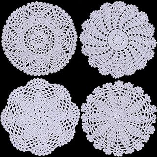 4 Pieces Cotton Lace Doilies Crochet Round Lace Placemat Handmade Lace Coasters Vintage Crochet Doilies for Kitchen Dining Room Party Wedding Tableware Dressers Dream Catcher Decoration 7 Inch (White)