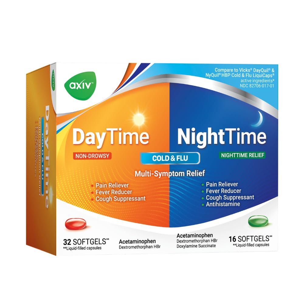 AXIV Day & Night Cold & Flu Medicine Combo Pack Softgels, Daytime & Nighttime Relief for Headache, Fever, Sore Throat, Minor Aches & Pains, & Cough,
