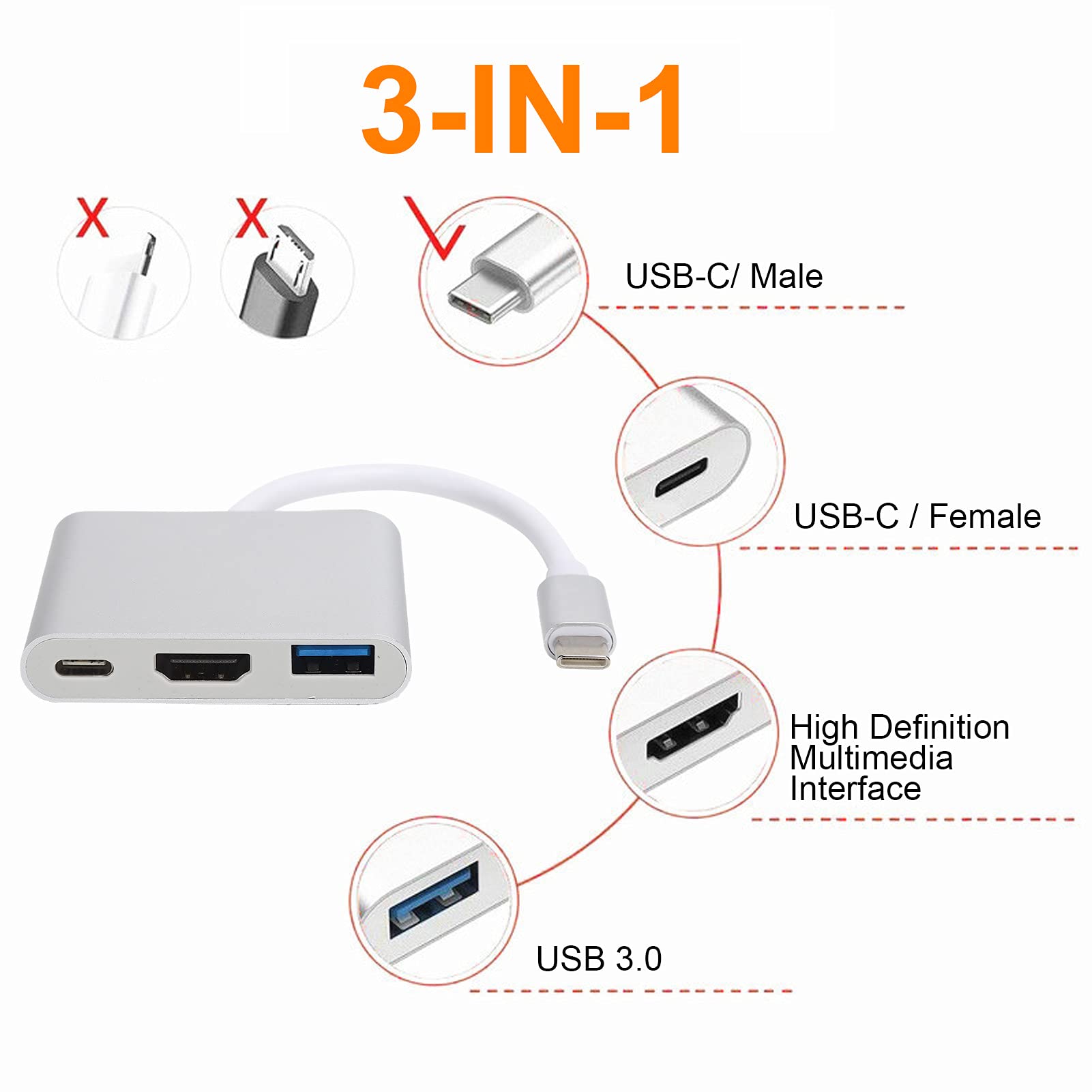 Wakects Adapter USB C 3.1 Hub 3 w 1, 4K 60Hz (SILVER)