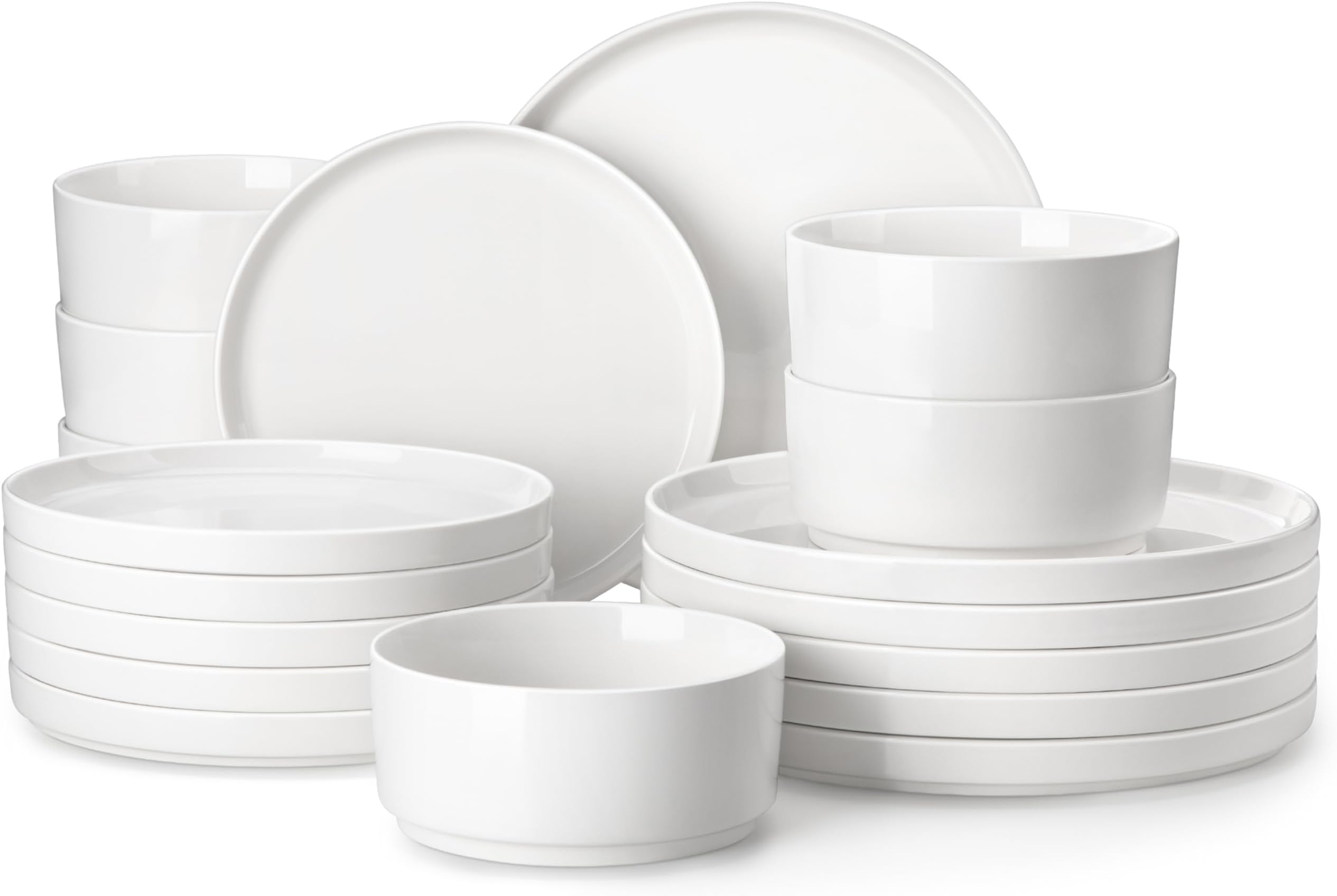 18 Pieces Porcelain Dinnerware Set, Modern White Dish Set for 6, Premium Serving Plates and Bowls Sets, Chip and Scratch Resistant Dishware Sets Kitchen Dishes Dining Ware Set, Series LEAH