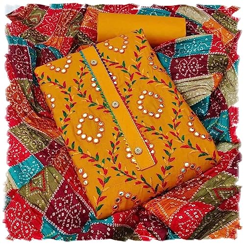 Sidhidata Women's Heavy Cotton Embroidery Work Unstitched Salwar Suit Dress Material With Chinon Bandhani Printed Dupatta (Free Size)