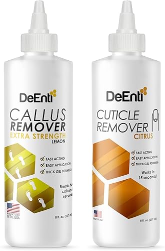 DeEnti - Removedor de callos de pies extra fuerte, 8 onzas, grado de salón, limón + removedor instantáneo de cutículas y suavizante, 8 onzas