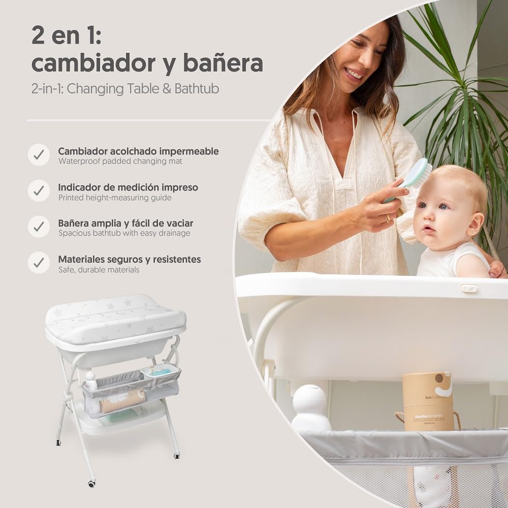 Interbaby Bañera Bebé Cambiador Plegable Patas, Ruedas, Hamaca (Dino) | Bañera con cambiador 2 en 1, hamaca anatómica extraíble, patas antideslizantes, altura ergonómica, portátil