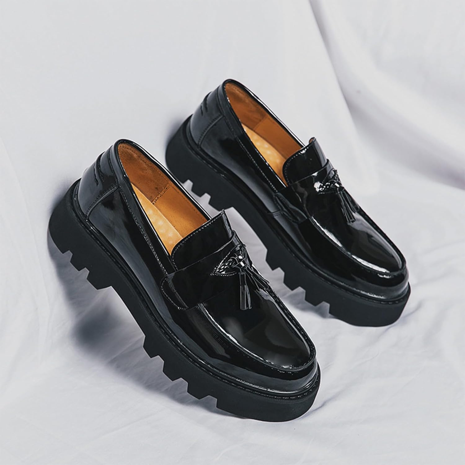 Men’s Black Soft Patent Leather Platform Chunky Heel Loafers Fashion Tassel Business Casual Formal Work Shoes Non-Slip Lug Sole Slip-On Penny Loafers