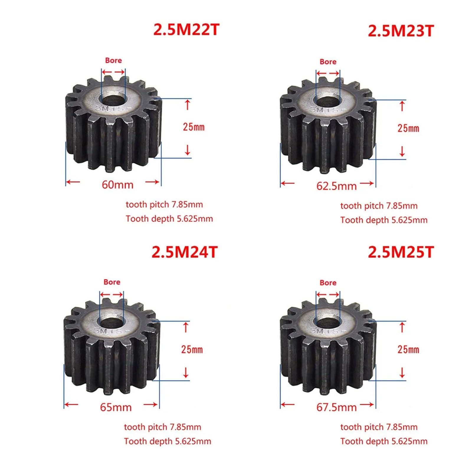 Pinion Hardware for Mechanical Rotation 2.5Mod 10T-25T 45# Steel Spur Gear Metal Module 2.5 Moter Gear Wheel 10 Tooth-25 Tooth(22 Teeth)