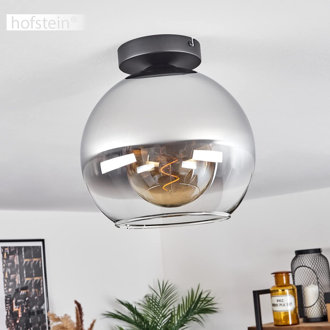 Koyoto plafondlamp, moderne plafondlamp van metaal/glas in zwart/amber, 4-lamps lamp in retro/vintage design met glazen kappen ( 25 cm), 4 x E27, gloeilampen niet inbegrepen