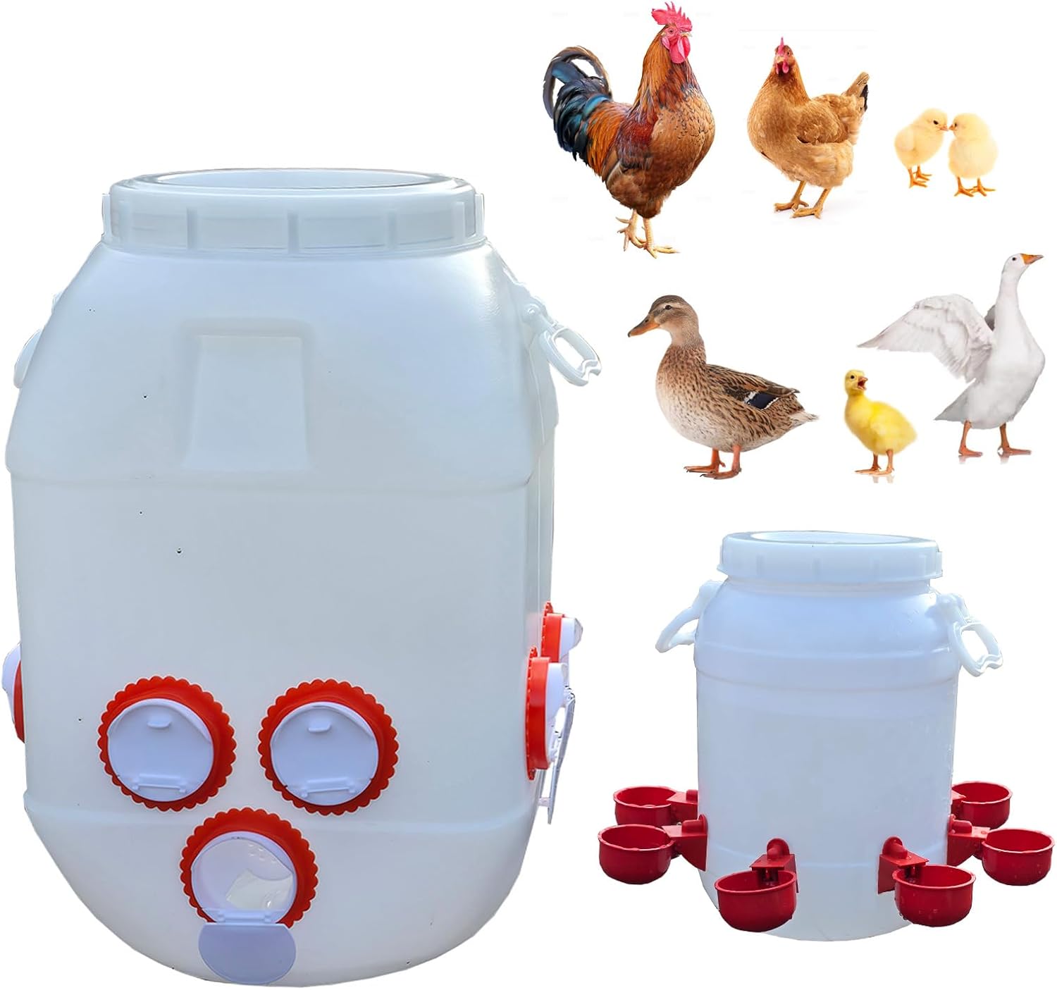 Rainproof Chicken Feeder and Chicken Waterer Set (13 Gallon/60 Pounds) Automatic Chicken Feeder Poultry Feeder Bucket with 10 Ports Chicken Waterer (2.6 Gallon/10L) with 8 Water Cups