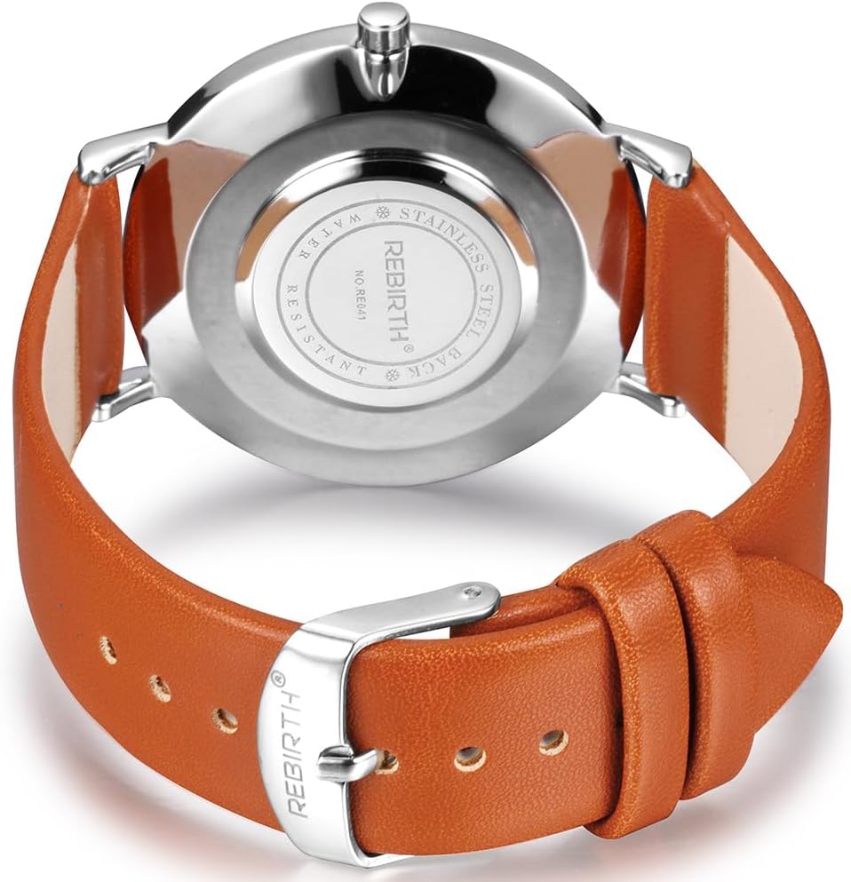 CARLIEN Men Simple Ultra-Thin Watches Business Analog Black Quartz Watches with Leather Strap (Orange)