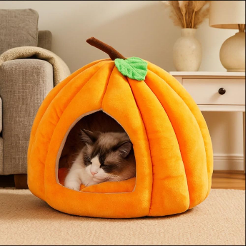 Halloween-Katzenhaus, süßes Kürbis-Haustierbett, Katzenbett für drinnen mit herausnehmbarer Matte, Kürbis-Katzenhöhle, Hundebett für Hauskatzen und kleine Hunde