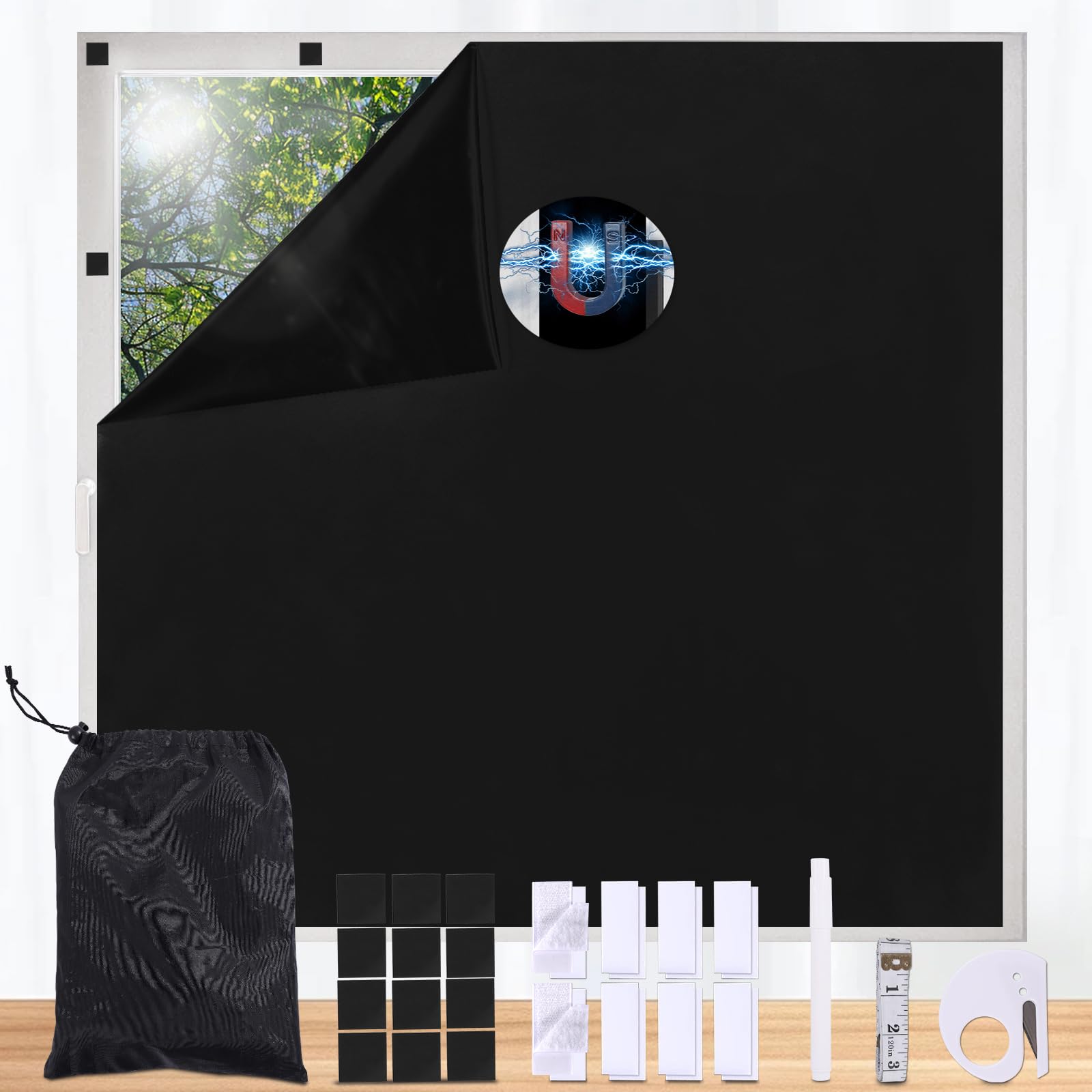 Maritown No Drill Magnetic Blackout Blinds Stick on Curtains, Easy Cut to Size&Shape Fits Any Windows, Portable Blackout Blind with 12 Pairs Magnets & Tapes Easy Install for Bedroom, Nursery,Loft,Car