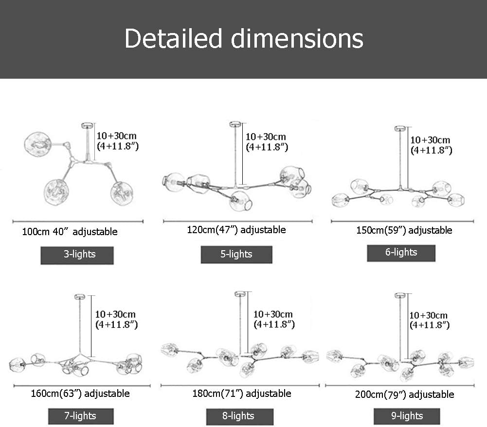 手吹きガラスボールシャンデリア、マットブラック天井ペンダントライト、5/6/7/8/9灯照明調節可能/回転可能、金属ブラケットE26