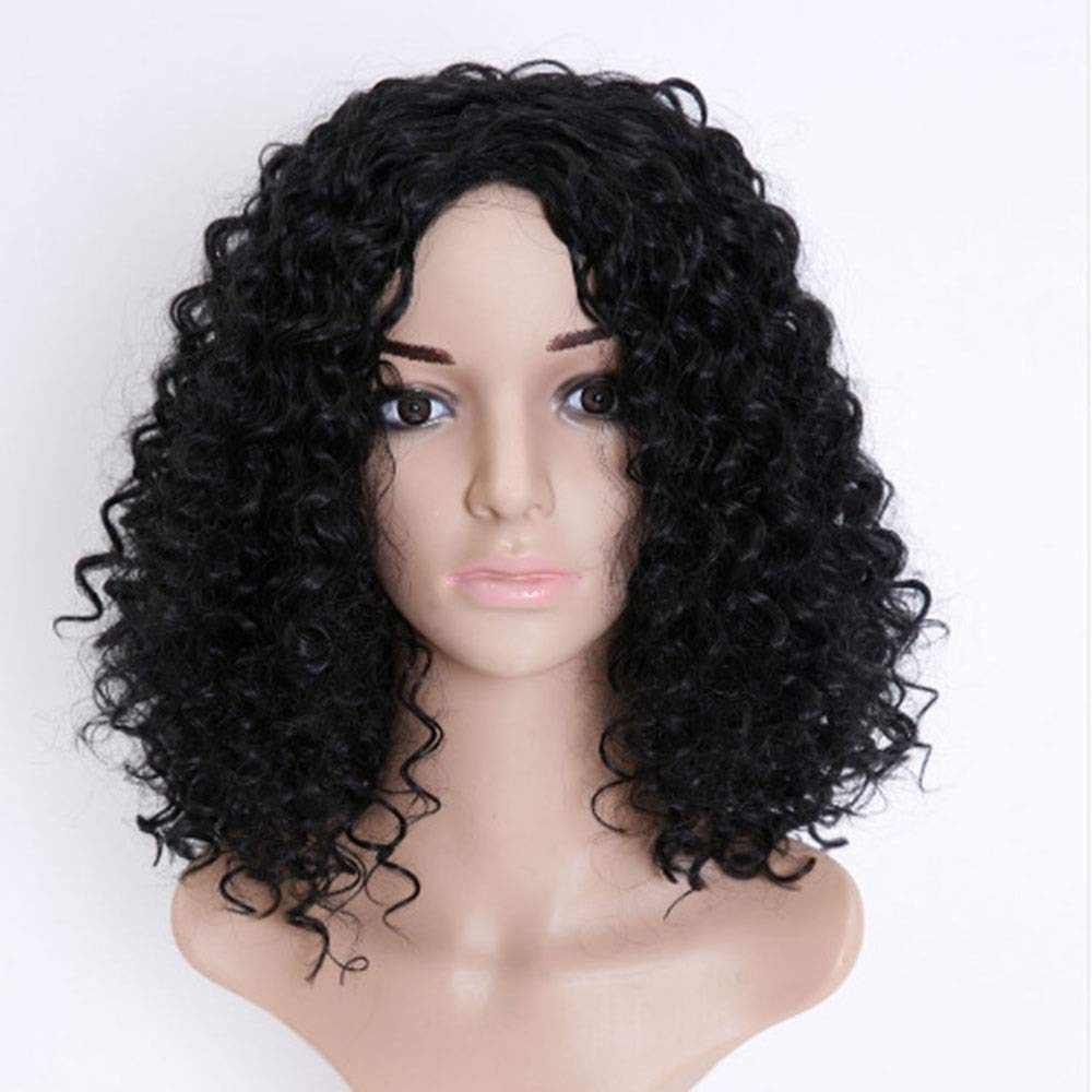 Perruque cheveux courts bouclés frange plate obliques coiffure noire