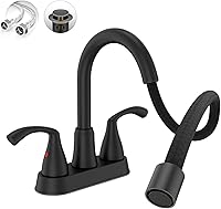 Phiestina Matte Black 4-Inch Centerset Bathroom Faucet with Pull-Out Sprayer, Swivel Spout, Pop-Up Drain & Supply Lines for 3-Hole Sinks - JC180CL-MB